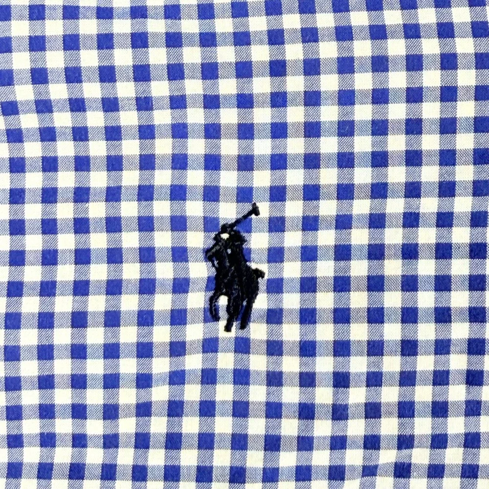 Ralph Lauren Button Down Boys L 14-16 Blue Gingham Natural Stretch Preppy Pony